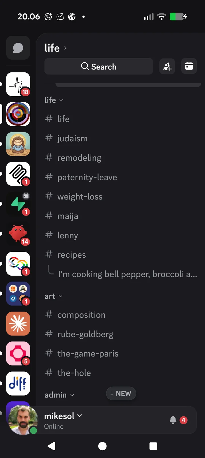 A phone showing the Discord server Tapio lives in, with a channel for each part of my life.