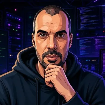 An illustrated portrait of Mike Solomon at a desk of screens.